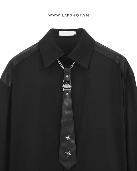 Áo Oversized Black Leather with Tie Shirt