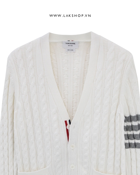 Th0m Br0wne White Donegal Twist Cable 4-Bar V-Neck Cardigan cs1