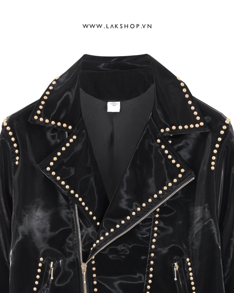 Gold Studded Light Black Faux Leather Biker Jacket cs2