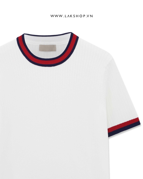 White with Red Neck Knit T-shirt