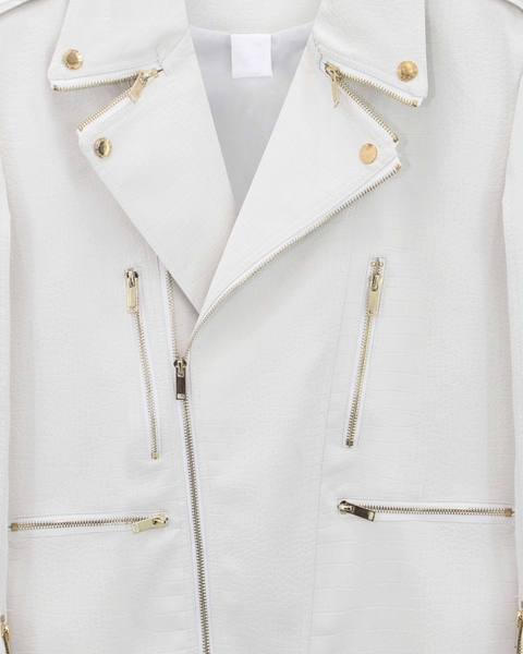 White Zipper Leather Biker Jacket cs2