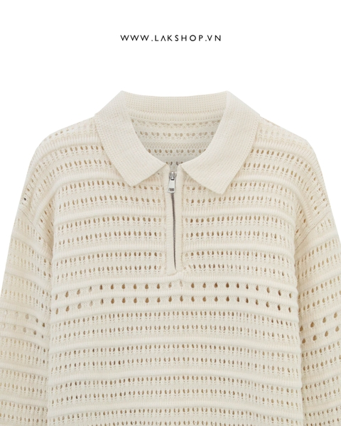 Oversized Off-White Polo Zipped Collar Mesh Sweater cs2