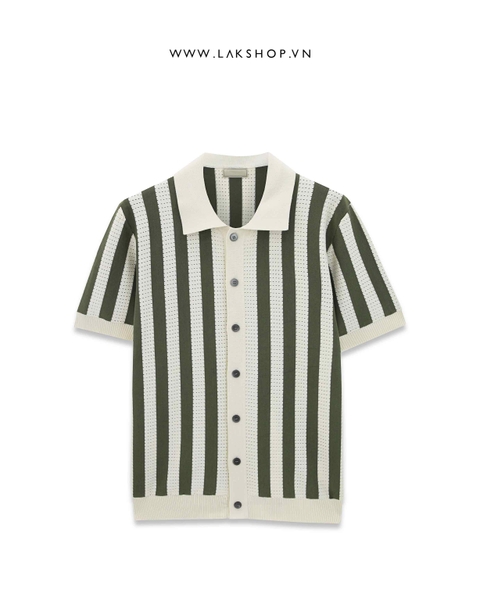 Green Stripe Short Sleeve Polo-neck Cardigan