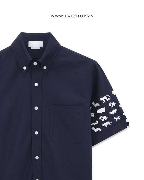 T.B Navy Animal Embroidery Oxford Short Sleeve Shirt