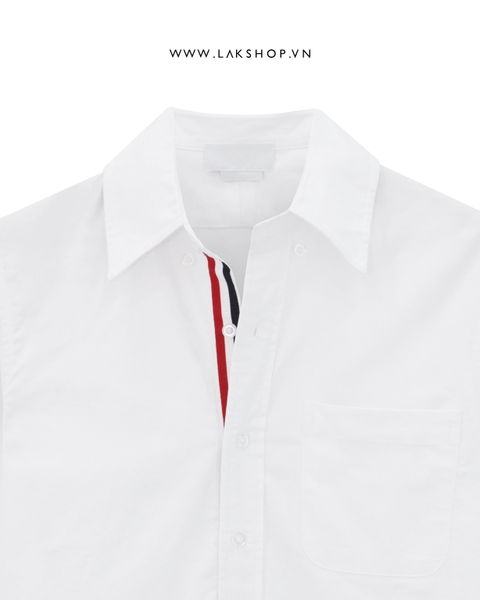 T.B White Cotton Oxford Grosgrain Placket  Short Sleeve Shirt