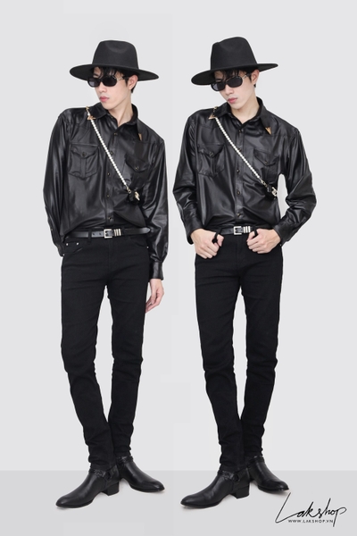 Áo Lak Studios Faux Leather with Metallic Collar Tip Shirt  cx5