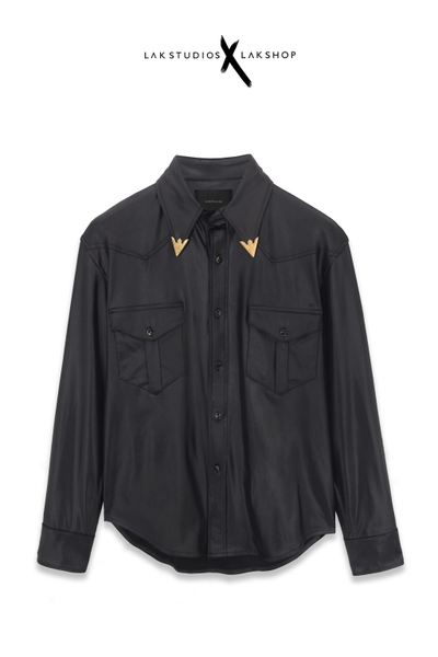 Lak Studios Faux Leather with Metallic Collar Tip Shirt  cx5