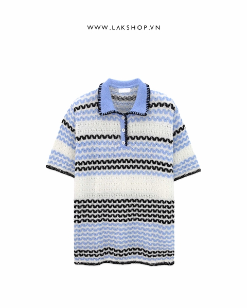 Oversized Blue Stripe Mesh Knit Polo