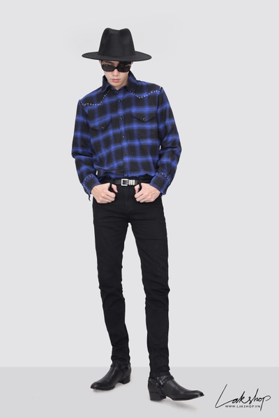 Lak Studios Stud Checked Flannel Shirt in Blue  cs9