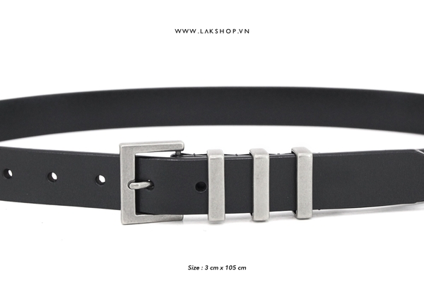 Thắt Lưng Black Leather Square 3 Striped Metal Belt 3cm