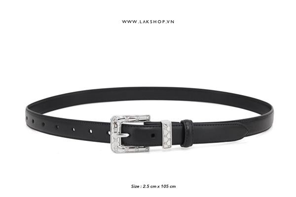 Thắt Lưng Black Leather Square Pattern Dot 1 Stripe Belt 2,5cm