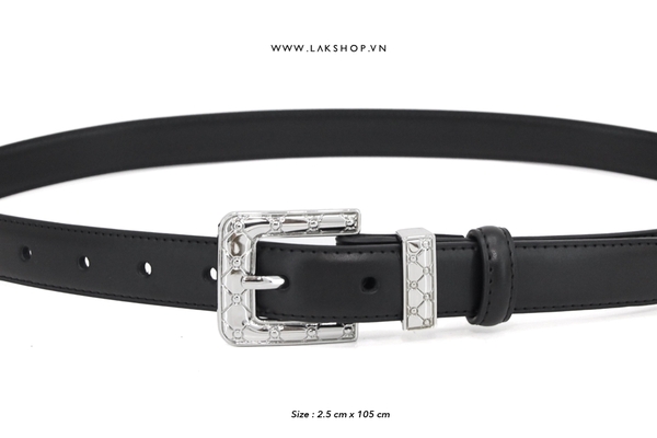 Thắt Lưng Black Leather Square Pattern Dot 1 Stripe Belt 2,5cm