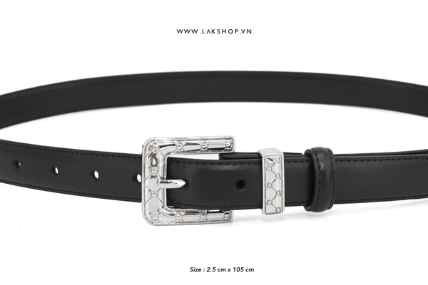 Black Leather Square Pattern Dot 1 Stripe Belt 2,5cm