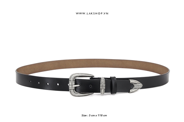 Thắt Lưng Black Leather Brocade Silver Belt 3cm