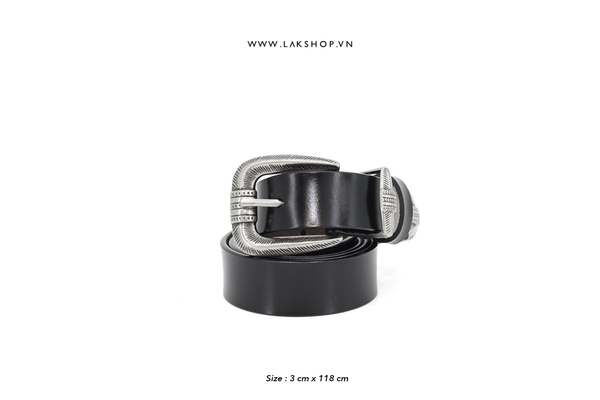 Thắt Lưng Black Leather Brocade Silver Belt 3cm