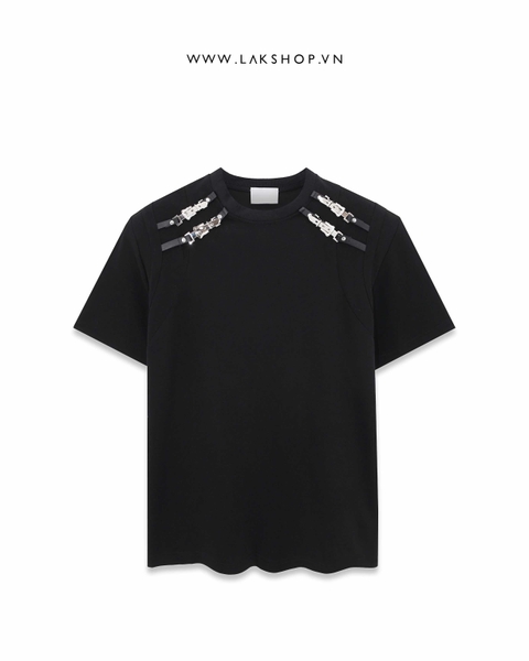 Oversized Black Buckle Neck Shoulder Padding T-shirt