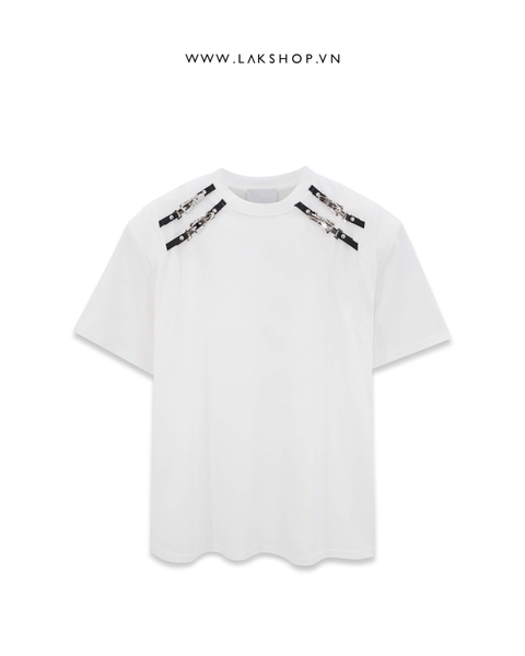 Áo Oversized White Buckle Neck Shoulder Padding T-shirt