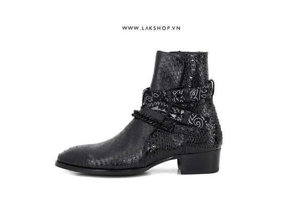 Amjrj Python Embossed Buckle Bandana Chain Boots