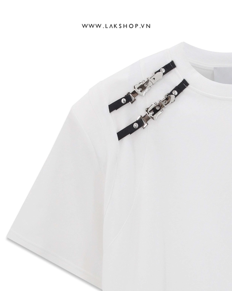 Áo Oversized White Buckle Neck Shoulder Padding T-shirt