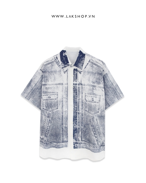 Áo Oversized White Print Fake Denim Short-Sleeve Shirt