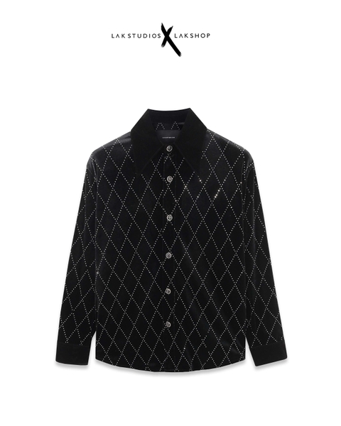 Lak Studios Checkered Beaded Velvet Black Shirt