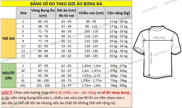 bảng size áo bóng đá Sao Việt - Hattrick shop