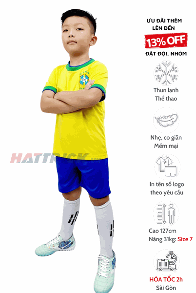 đồ đá banh bé trai đội tuyển quốc gia Brazil màu vàng
