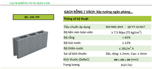 Gạch 2 Thành Vách BL-100/2W ( 400 x 100 x 200 )