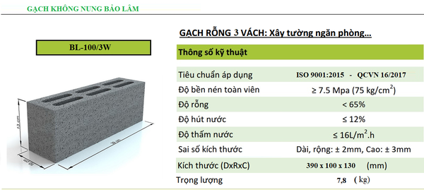 Gạch 3 Thành Vách BL-100/3W ( 390 x 100 x 130 )