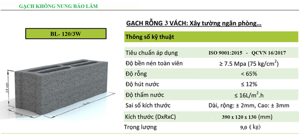 Gạch 3 Thành Vách BL-120/3W (390 x 120 x 130 )