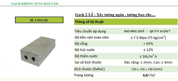 Gạch Block 2 lỗ ( 3 Banh) Kích thước : 250 x 150x100