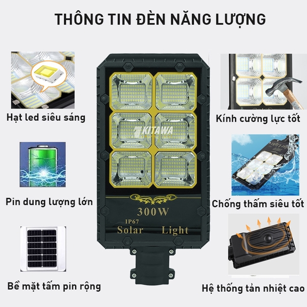 Đèn Đường Năng Lượng Mặt Trời Kitawa Siêu Sáng BC3300 - Tấm Pin Mono Cao Cấp