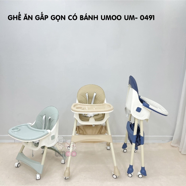 Ghế ăn dặm cho bé gấp gọn CAYABE Umoo nâng hạ độ cao thấp 2 mức UM-0491, có bánh xe, đệm lót da êm ái màu xanh mint, kem nâu, hồng, xanh navy