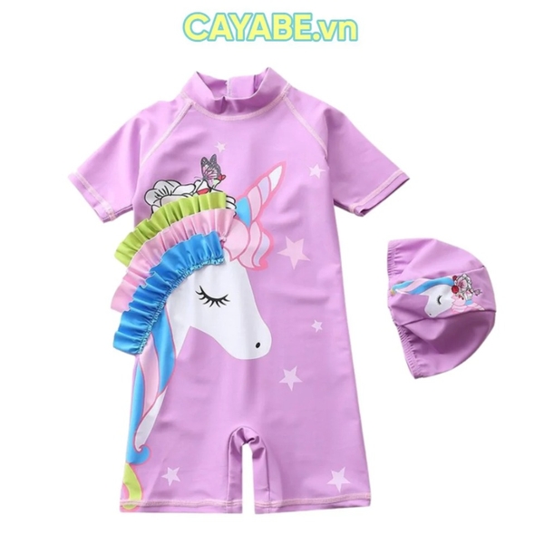 Đồ bơi bé gái liền thân ngựa Pony/ Unicorn sừng cầu vồng màu tím nhạt kèm mũ bơi