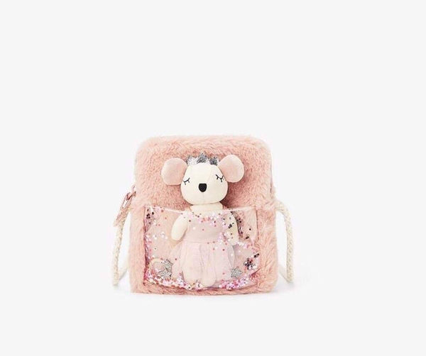 Túi đeo chéo cho bé gái gắn gấu bông dễ thương