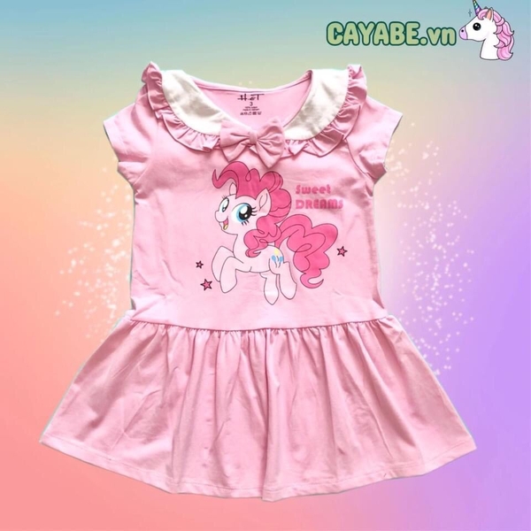 Đầm thun bé gái ngựa Pony/ Unicorn tay ngắn cổ sen màu hồng