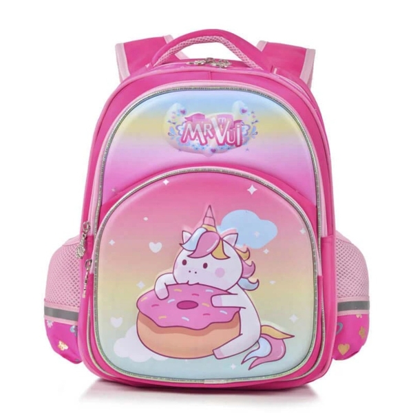 Ba lô cho bé tiểu học ngựa Unicorn/ Pony ăn bánh Donut màu hồng mã 842 (37x 28 x 18 cm)