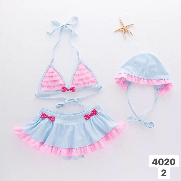 Set đồ bơi bikini bé gái màu hồng xanh kèm nón bơi