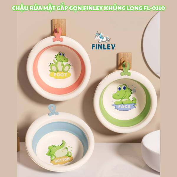 Thau chậu rửa mặt cho bé gấp gọn FINLEY khủng long màu xanh lá - xanh dương - hồng (FL-0110)