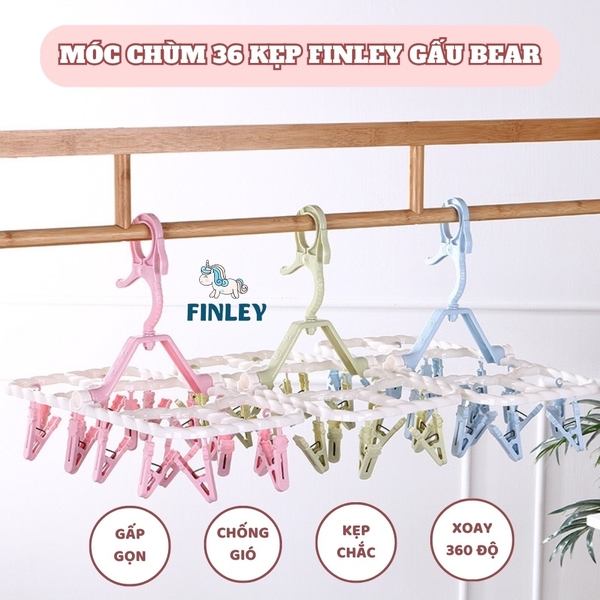 Móc chùm phơi quần áo FINLEY gấu Bear gấp gọn, xoay 360 độ, 3 màu (36 kẹp)