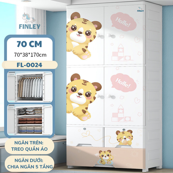 Tủ nhựa cho bé 4 cánh FINLEY hổ con Baby Tiger (Size lớn ngang 70 cm) treo quần áo, đựng đồ chơi, đồ dùng cho gia đình màu hồng - FL-0024