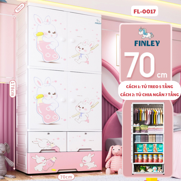Tủ nhựa cho bé và người lớn 4 cánh FINLEY thỏ hồng 6 tầng (SIZE LỚN NGANG 70CM) treo quần áo, đựng đồ chơi, đồ dùng gia đình FL-0017