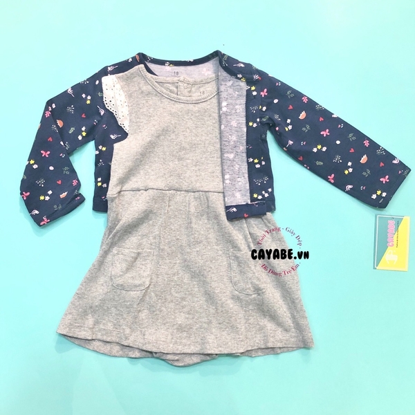 Set đầm bodysuit và áo khoác bé gái: đầm xám cánh tiên và áo khoác xanh hoa lá