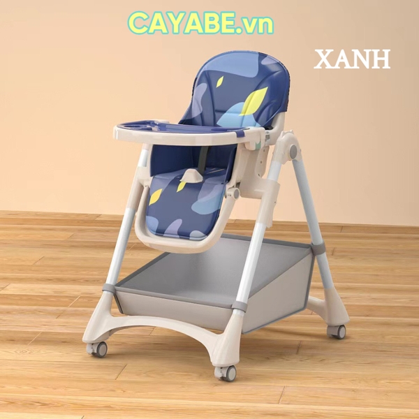 Ghế ăn dặm cho bé gấp gọn CAYABE Lux 6 mức điều chỉnh độ cao, có bánh xe, đệm êm ái màu xanh dương