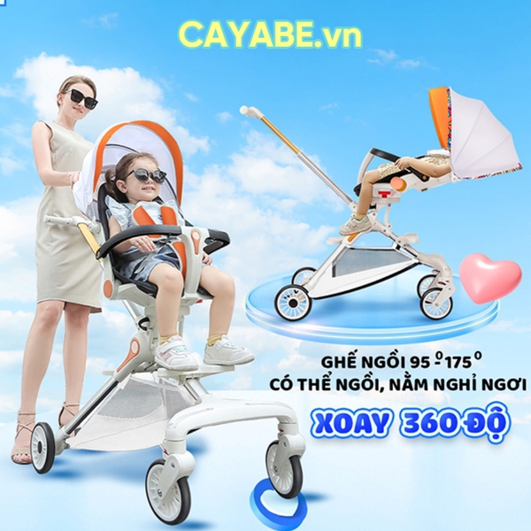 Xe đẩy cho bé gấp gọn du lịch gọn nhẹ Chilux M06 (đèn xe phát sáng) màu trắng cam