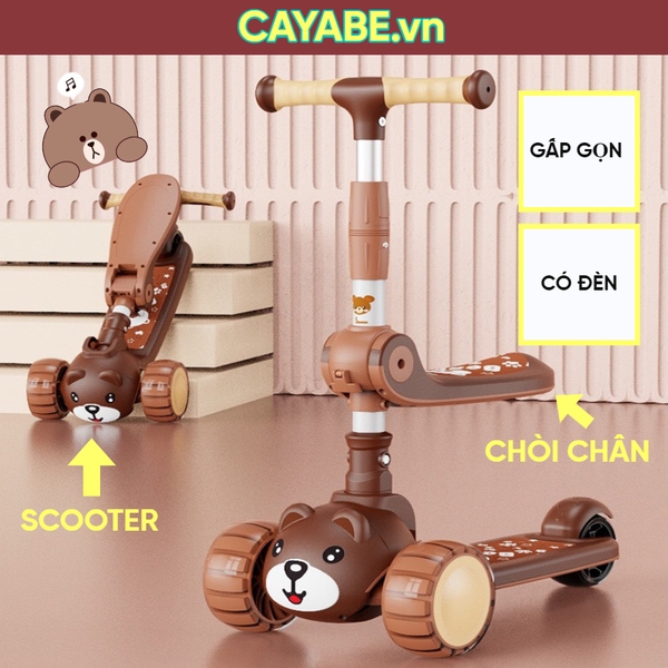 Xe scooter - xe chòi chân 2 trong 1 CAYABE gấu Brown có đèn phát sáng màu nâu