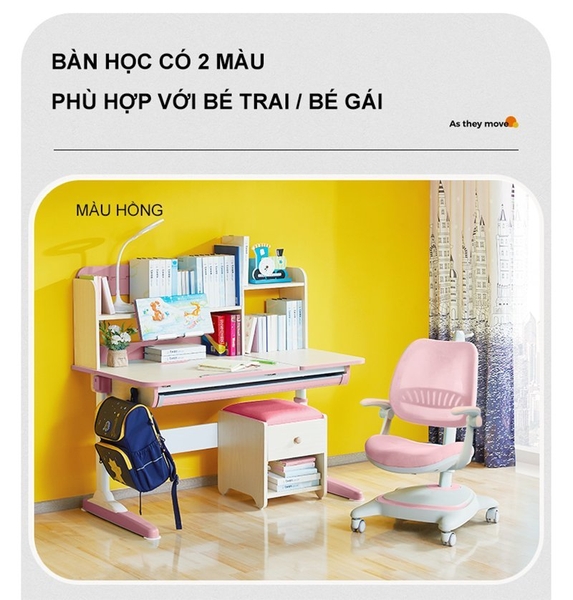 BÀN HỌC THÔNG MINH CHỐNG GÙ, CHỐNG CẬN CAYABE CB-DK120 DÀI 120 CM CHO BÉ MÀU HỒNG