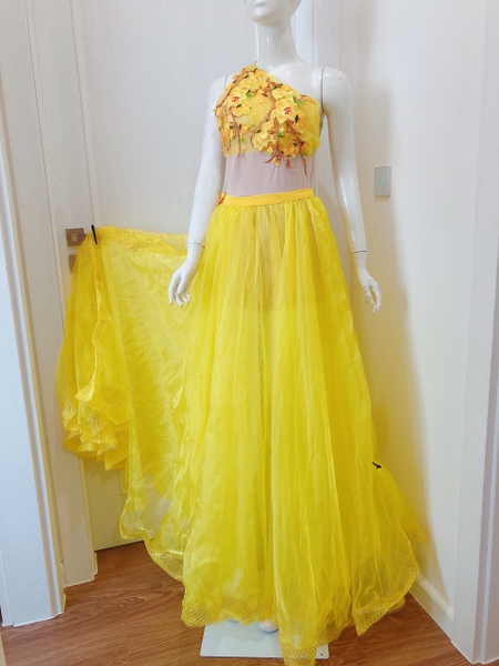 Trang phục váy múa màu vàng đính hoa 3D