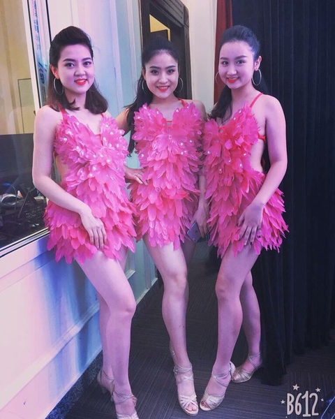 Váy dancer màu hồng gắn lông vũ