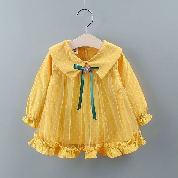 Váy thiết kế bé gái màu vàng nơ xanh